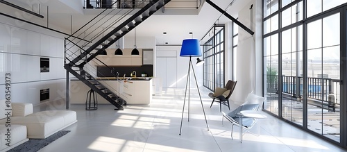 Modern minimalist studio interior in white and beige, showcasing a stylish kitchen and cozy recreation area, black metal stairs, and a blue floor lamp, with floor-to-ceiling windows.