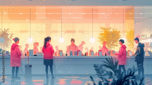 Labor Day illustration with pink retail workers assisting customers in a store, minimalist and clean