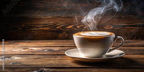 Steaming cup of coffee with frothy milk foam on wooden table, coffee, drink, beverage, mug, caffeine, morning, breakfast, aroma