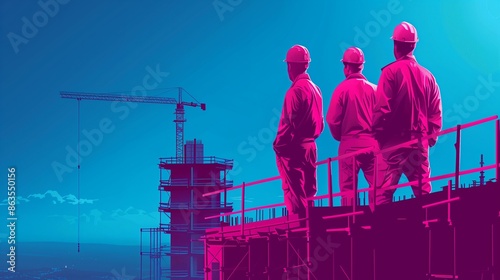 Labor Day illustration with pink construction supervisors on a building site, minimalist and clean
