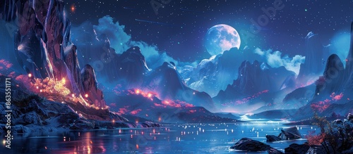 Nighttime Fantasy Landscape with Full Moon