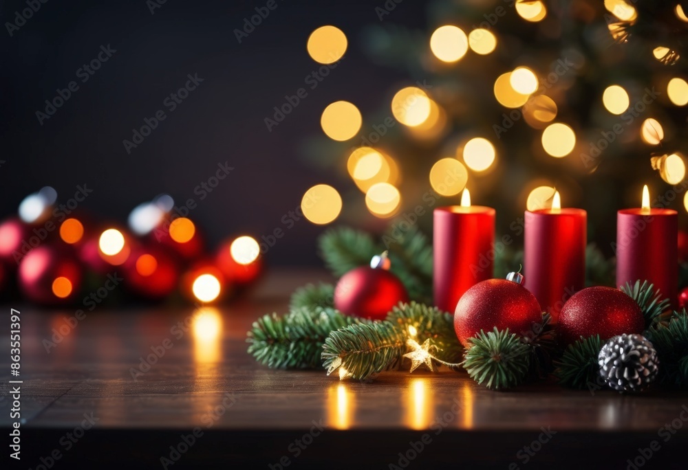New Year background, candles, balls, ribbons on the table. Blurred background. Holiday, cozy. Christmas, new year. Banner, poster, background. Copy space New Year background, candles, balls, ribbons on the table. Blurred background. Holiday, cozy. Christmas, new year. Banner, poster, background. Copy space
