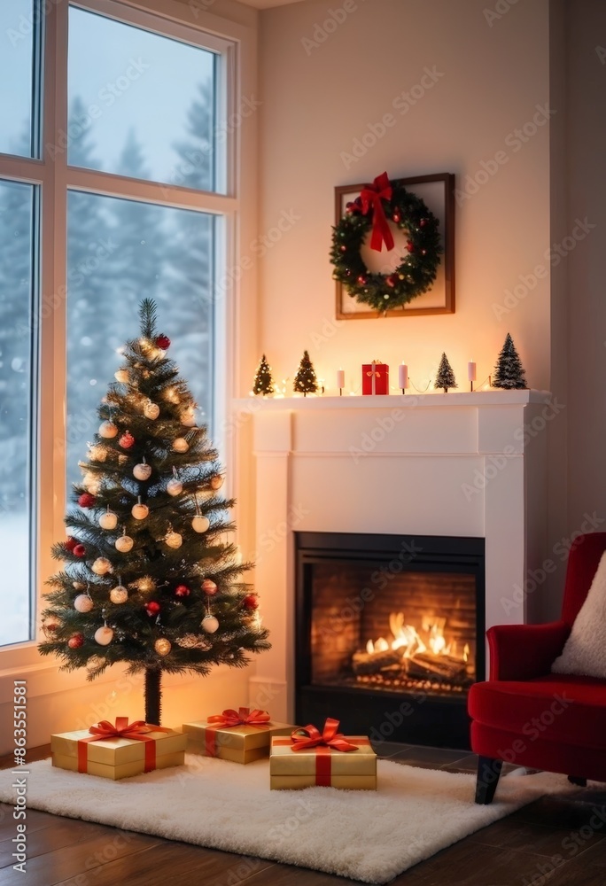 Fototapeta premium Christmas picture, Christmas tree dressed up with toys, fireplace, winter outside the window, gift boxes, Christmas gift socks. Holiday, cozy. Christmas, New Year. Banner, poster, background. 