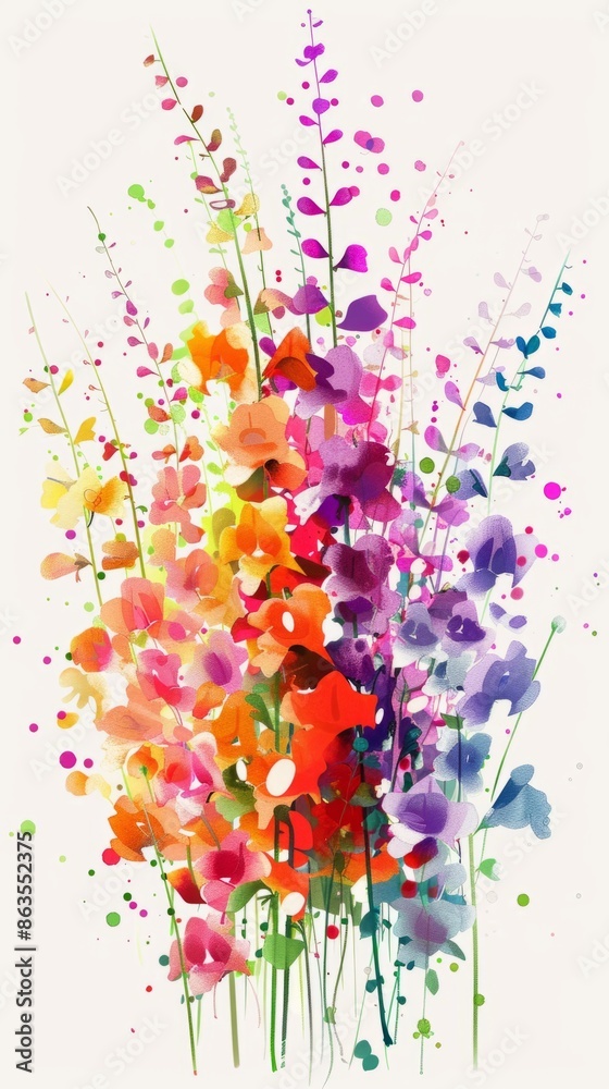 Fototapeta premium watercolor painting of a bouquet of vibrant flowers in shades of purple, pink, orange, and red, background