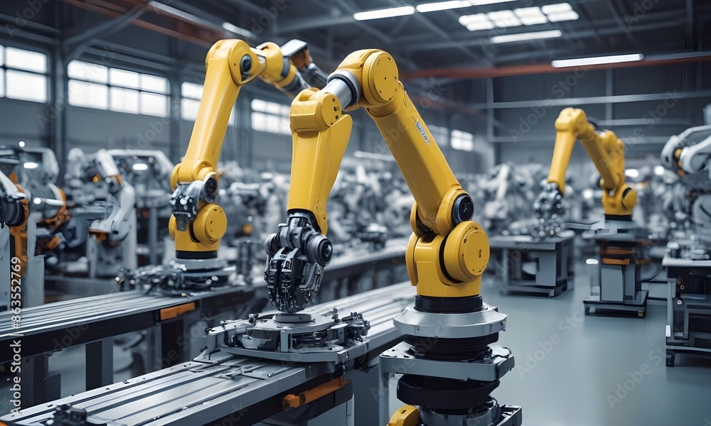 Several yellow industrial robotic arms in a factory setting, arranged on a workbench, conveyor belt conveyor Several yellow industrial robotic arms in a factory setting, arranged on a workbench, conveyor belt conveyor