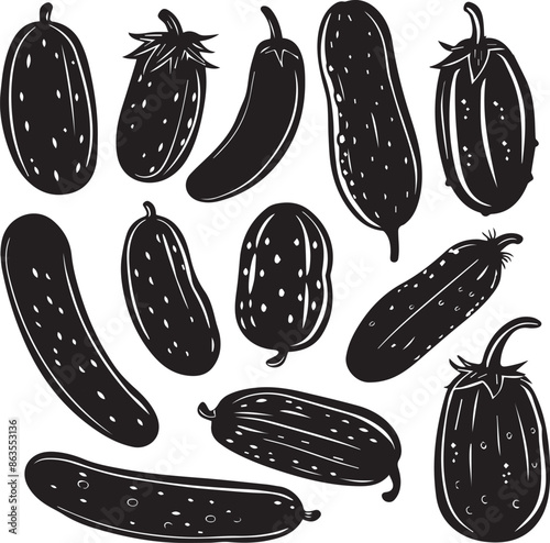 Cucumbers Flat Black Silhouette Vector Art Bundle