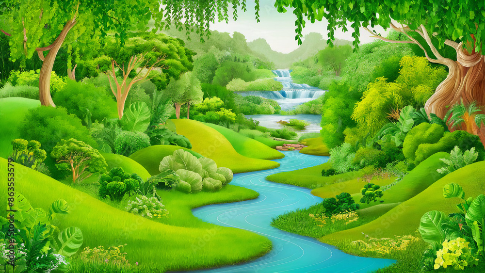 A serene and lush green nature scene, with tall trees backround A serene and lush green nature scene, with tall trees backround