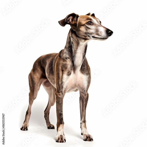 Greyhound dog breed standing against white background, AI Generated