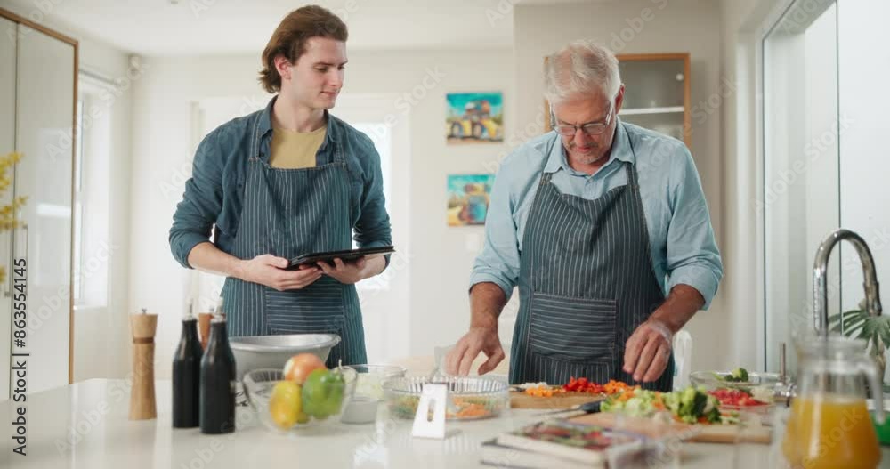 Cooking class, tablet and chef with elderly man in kitchen for online recipe, instructions and learning. Teaching, nutritionist and senior person for ingredients, steps and culinary course in home Cooking class, tablet and chef with elderly man in kitchen for online recipe, instructions and learning. Teaching, nutritionist and senior person for ingredients, steps and culinary course in home