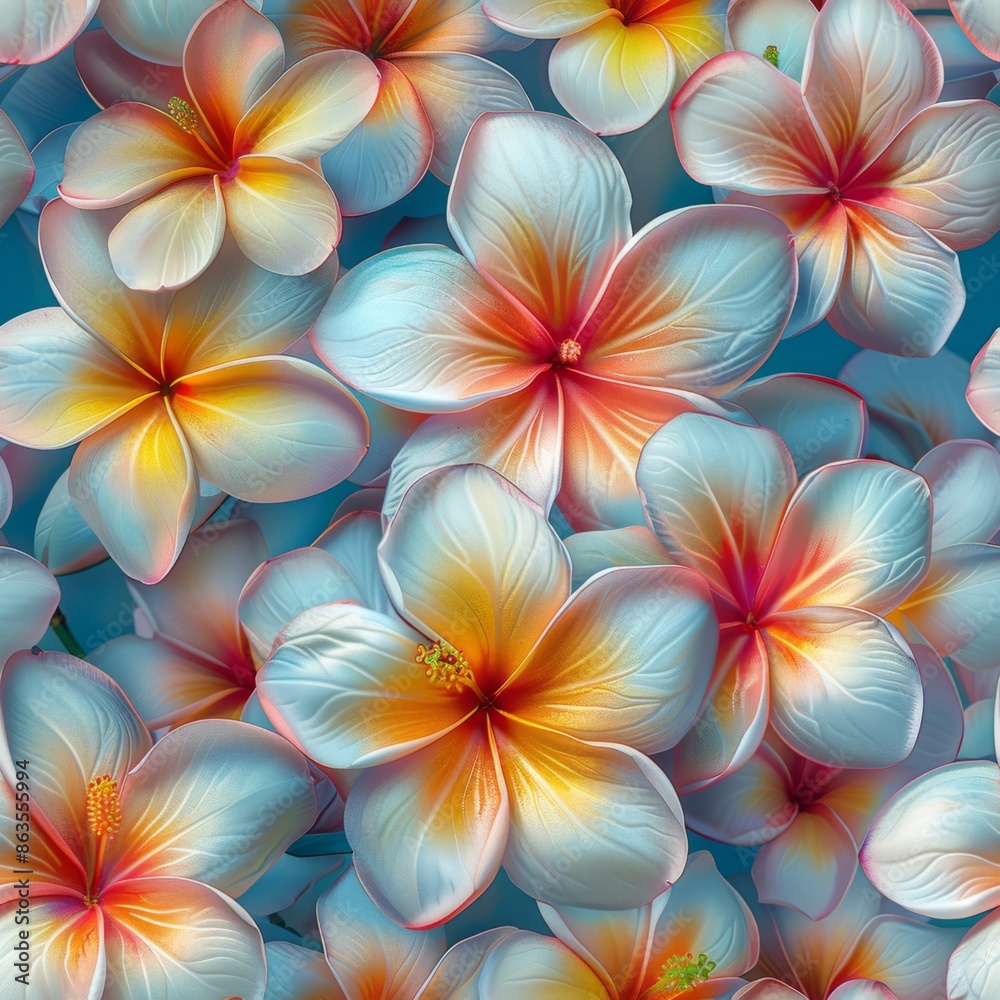 Fototapeta premium watercolor Plumeria flowers in vibrant pinks, yellows, and whites, tropical dream patterns, soft blue background, lush and exotic, seamless repeating pattern, minimal pattern