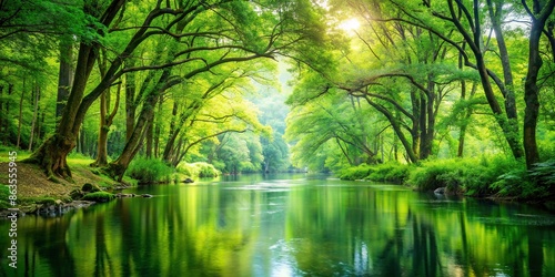 Lush green forest with tranquil river flowing through, surrounded by towering trees and vibrant foliage