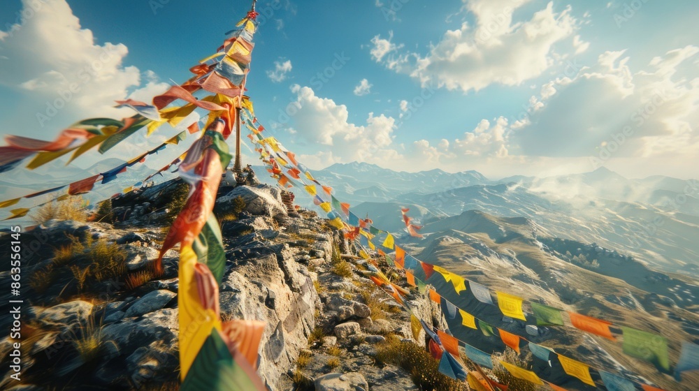Obraz premium Buddhist prayer flags fluttering in the wind atop a mountain