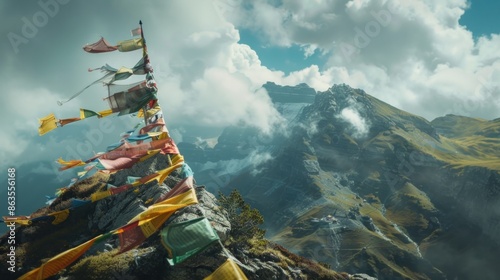 Buddhist prayer flags fluttering in the wind atop a mountain
