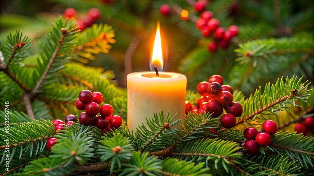Close-Up of a Candle in a Spruce Tree with Berries Close-Up of a Candle in a Spruce Tree with Berries