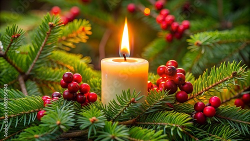 Close-Up of a Candle in a Spruce Tree with Berries