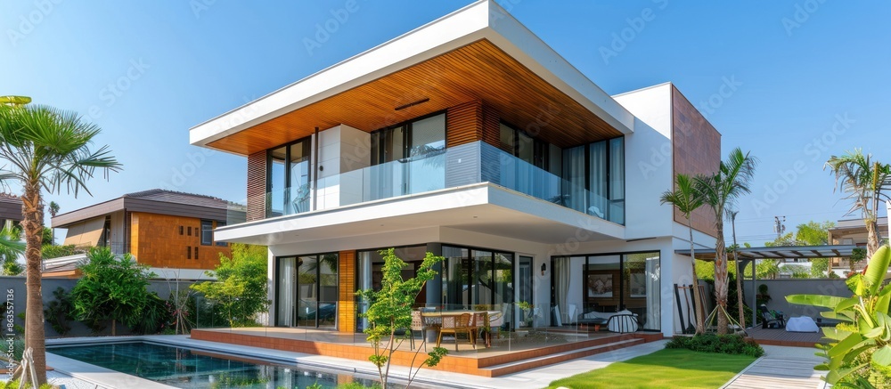 Obraz premium Modern Villa with Swimming Pool and Lush Greenery