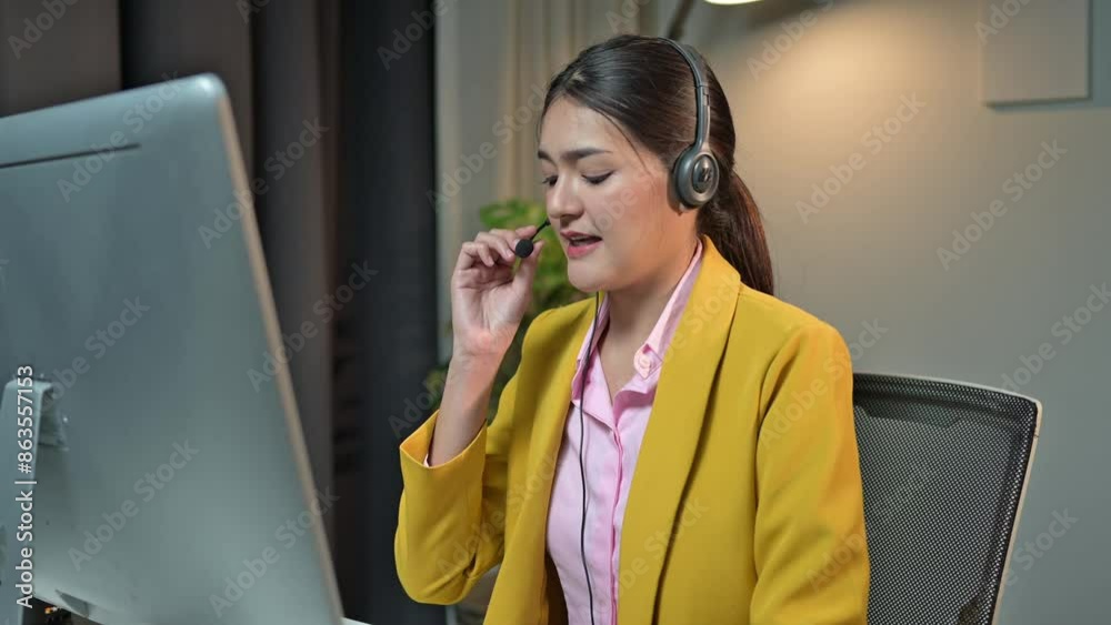 Customer support representative in a headset engages in a professional video call at her desk, showcasing clear communication and etiquette