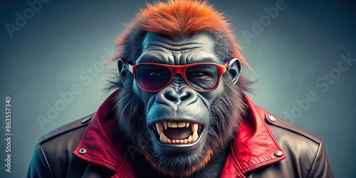 Angry gorilla in red with sunglasses and jacket, gorilla, angry, red, sunglasses, jacket, ape, aggressive, animal, wildlife, primate photo