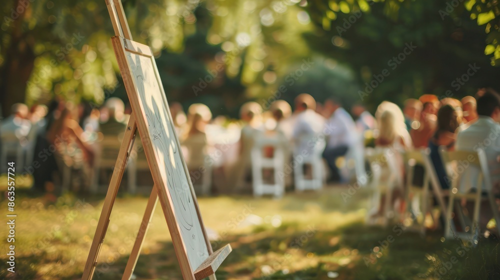 white easel next to an outdoor wedding with guests blurred in the background. white easel next to an outdoor wedding with guests blurred in the background.