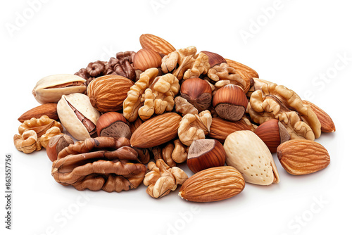 A heap of mixed nuts including almonds, walnuts, pecans, and hazelnuts, isolated on a white background, perfect for healthy snacking.