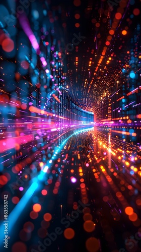 Digital technology abstract background with blurred lights and moving lights, in the style of precisionist lines