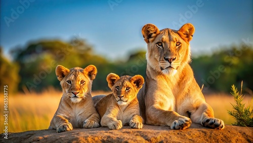 Lioness and two cubs basking in the sun, Lioness, cubs, family, wildlife, Africa, safari, motherhood, nature, animals