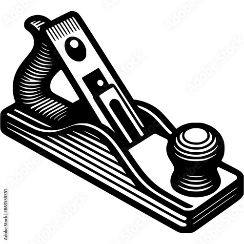 Carpenter plane tool in monochrome. Carpenter woodworking. Simple minimalistic vector in black ink drawing on transparent background