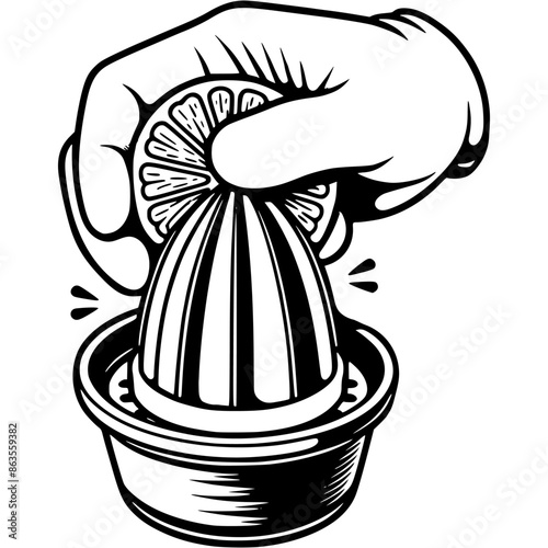 Cook hand squeezes orange juice on juicer in monochrome. Simple minimalistic vector in black ink drawing on transparent background