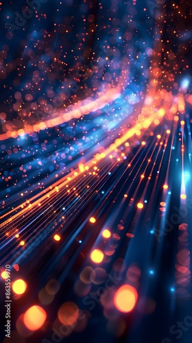 Digital technology abstract background with blurred lights and moving lights, in the style of precisionist lines