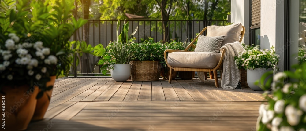 Fototapeta premium Beautiful balcony or terrace with wooden floor, chair and green potted flowers plants. Cozy relaxing area at home. Sunny stylish balcony terrace in the city