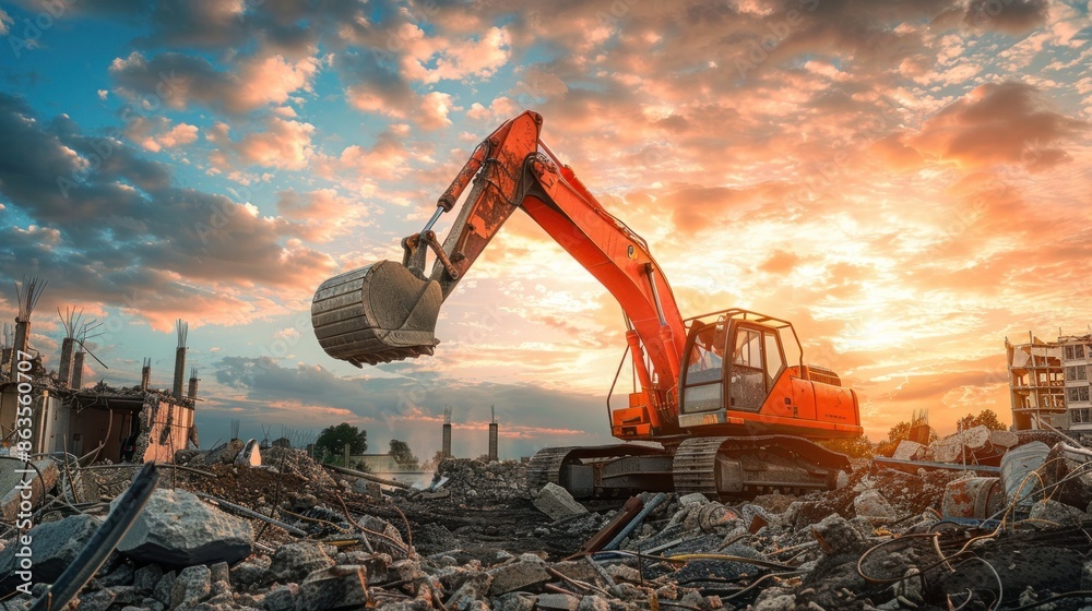 A worker wearing a hard hat controls a powerful excavator at a construction site. beautiful sky backdrop. A worker wearing a hard hat controls a powerful excavator at a construction site. beautiful sky backdrop.