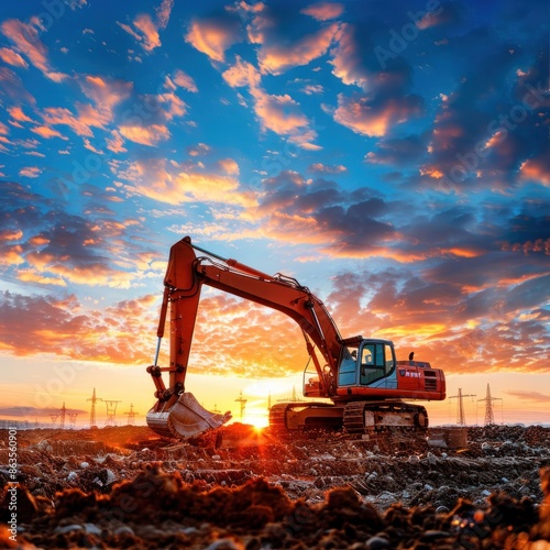 A worker wearing a hard hat controls a powerful excavator at a construction site. beautiful sky backdrop.