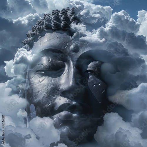 A large black Indian Buddha floats through white clouds © suphamit