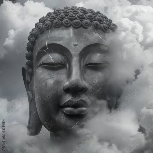 A large black Indian Buddha floats through white clouds