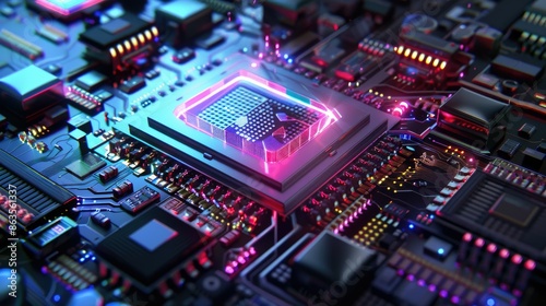Close-up of a powerful CPU on a motherboard with glowing lights. Concept of computer science, technology, engineering, and AI.