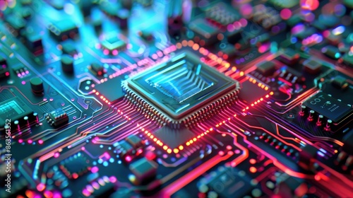 Glowing CPU Microchip on Circuit Board. Artificial Intelligence, Cybersecurity, and Tech Innovation Concept