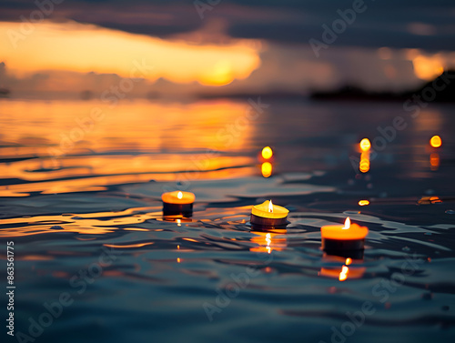 Candlelight with Captivating Reflections, Candles float in water on a lake 