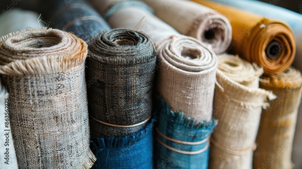 Linen fabric rolls arranged in a row