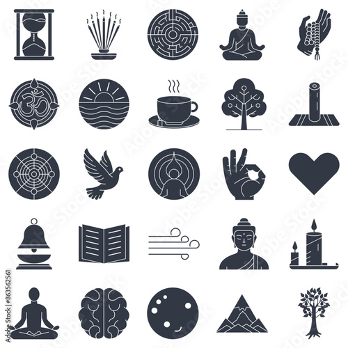 meditation icons set, Included icons as Lotus Pose, Candle, Labyrinth, Hourglass and more symbols collection, logo isolated vector illustration