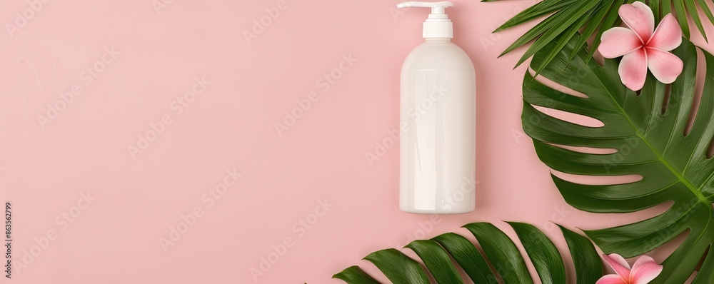 Luxurious body lotion bottle on a tropical background, promoting soft and hydrated skin Luxurious body lotion bottle on a tropical background, promoting soft and hydrated skin