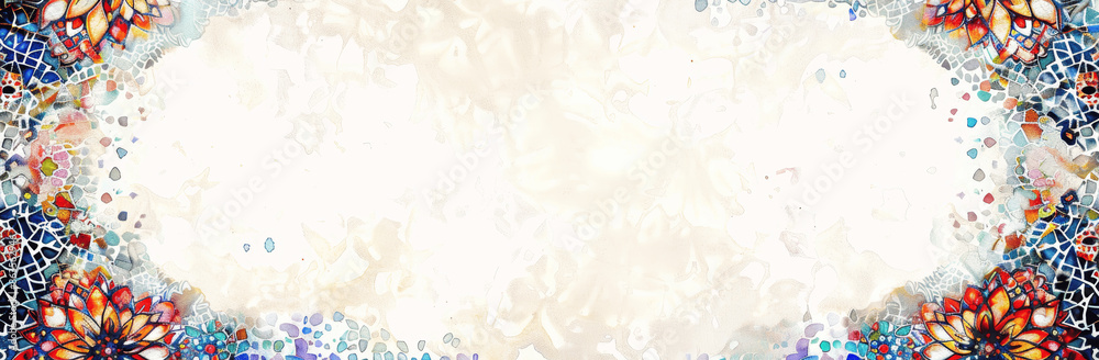 Beautiful Watercolor Background with Islamic Pattern and Arabesque Decoration Colorful Mosaics Edges Beautiful Watercolor Background with Islamic Pattern and Arabesque Decoration Colorful Mosaics Edges