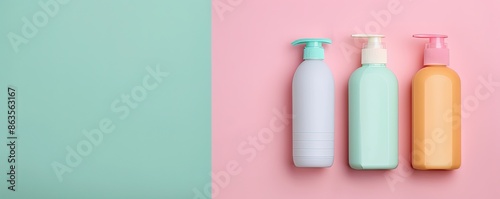 Hair product bottles on the right, neon gradient background, chic and eye-catching © PinkPearly