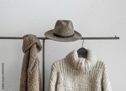 Three Knit Sweaters and a Straw Hat Hanging on a Wooden Closet Rod