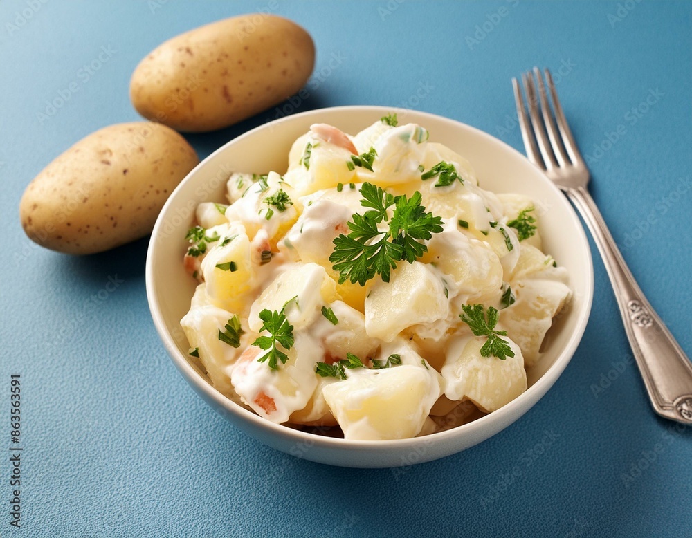 Fresh homemade creamy potato salad on blue background Fresh homemade creamy potato salad on blue background