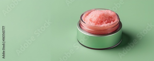Glossy lip scrub jar on a fresh green background, highlighting smooth and soft lips
