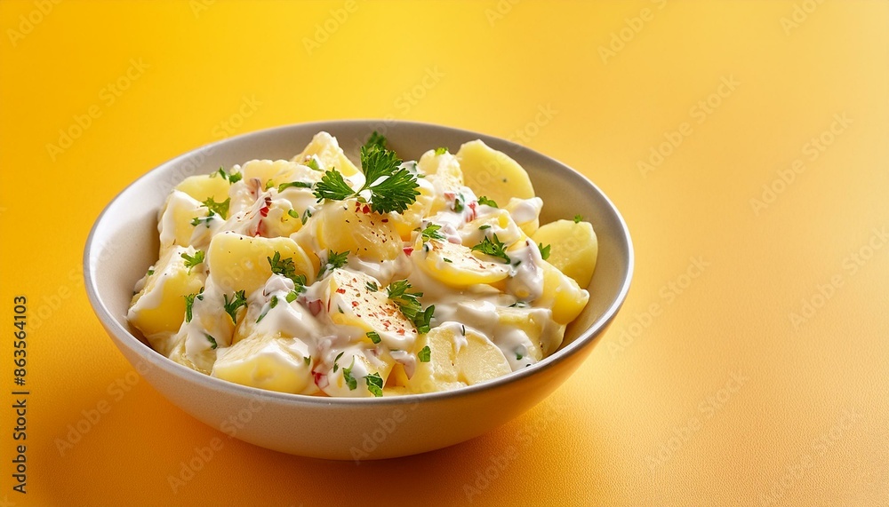 Fresh homemade creamy potato salad on yellow background Fresh homemade creamy potato salad on yellow background