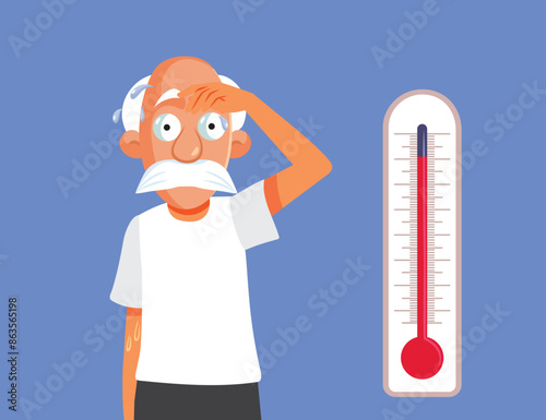 Old Man Sweating in Hot Weather Vector Cartoon illustration. Unhappy grandpa being sweating and uncomfortable during heat wave 
