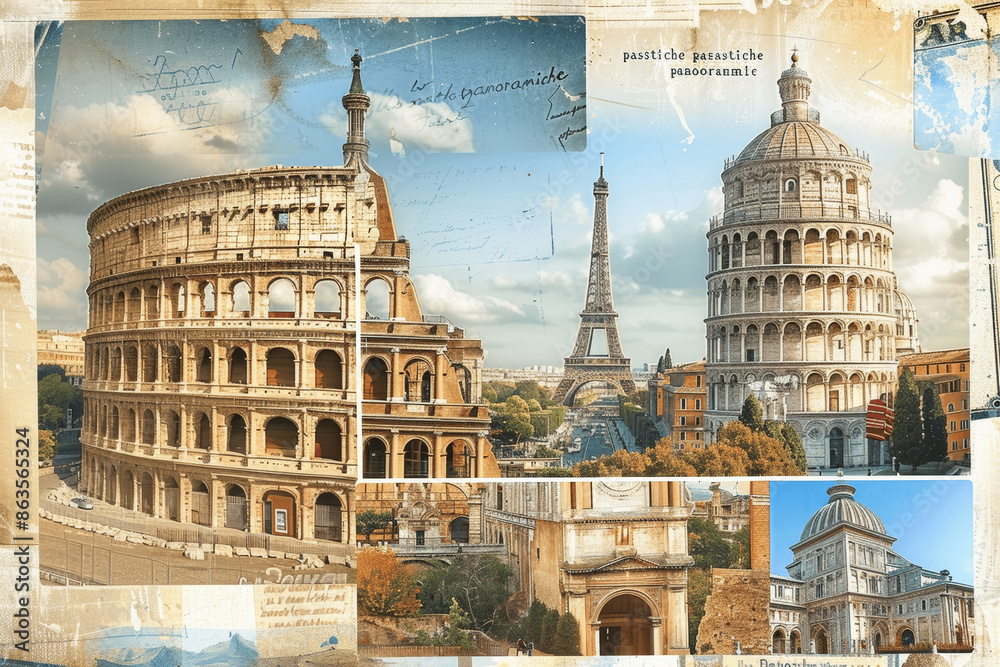 Fototapeta premium European Landmarks Vintage Travel Collage of Postcards with Retro Photos of Iconic Architecture