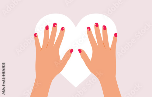 Hands with Red Nails Perfect Manicure Vector Illustration. Trendy stylish manicured arms of a lady 
