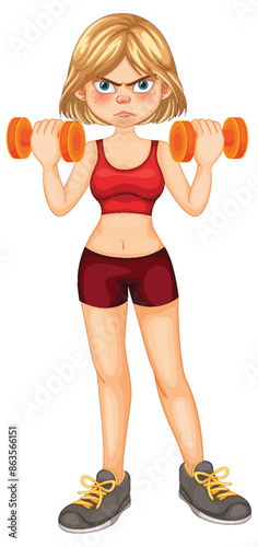 Focused woman exercising with dumbbells